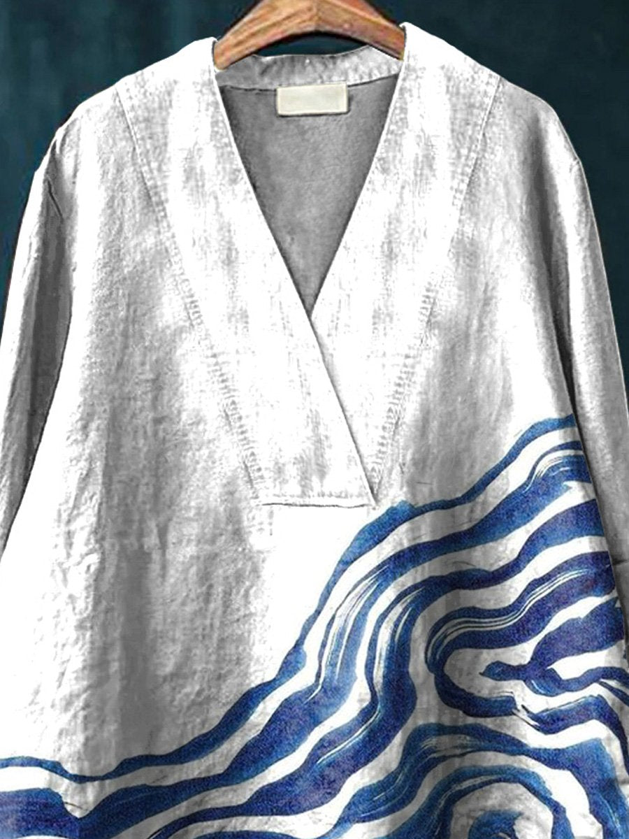 Watercolor Sea Wave Art Printed Women's Casual Cotton And Linen V-neck Shirt