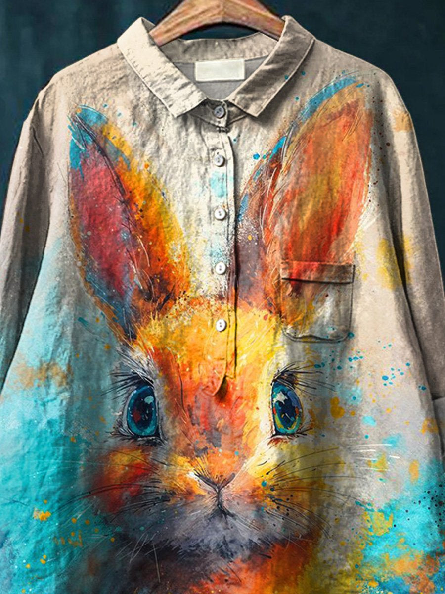 Oil Painting Rabbit Art Printed Women's Casual Cotton And Linen Shirt
