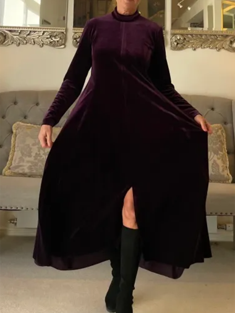 Women's Soft Velvet A-line Hem Slit Midi Dress