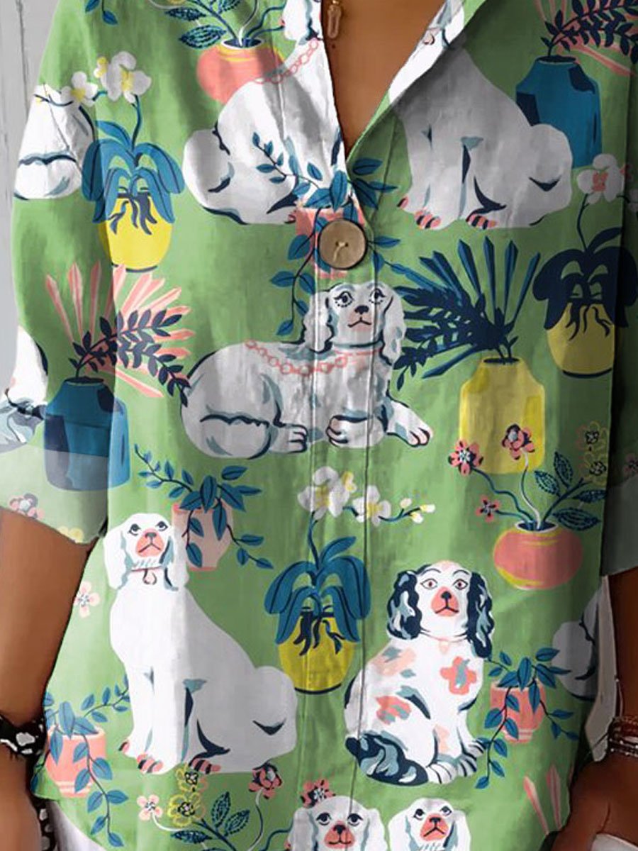 Women's Vintage Lovely Dogs Art Print Casual Cotton Linen Shirt
