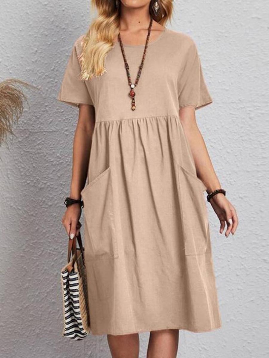 Women's Solid Color Loose Stylish Casual Cotton And Linen Pockets Dress