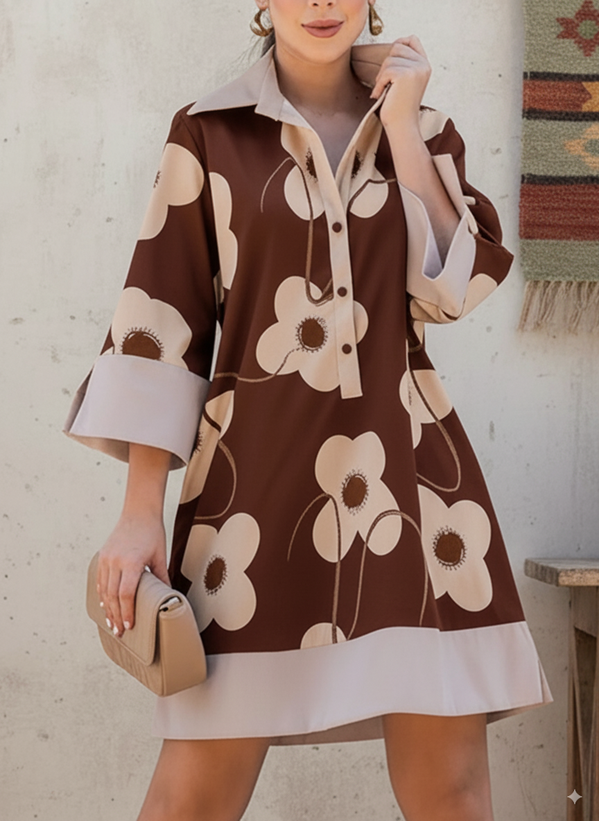 Artistic Lapel Large Flower Print Cotton and Linen Dress