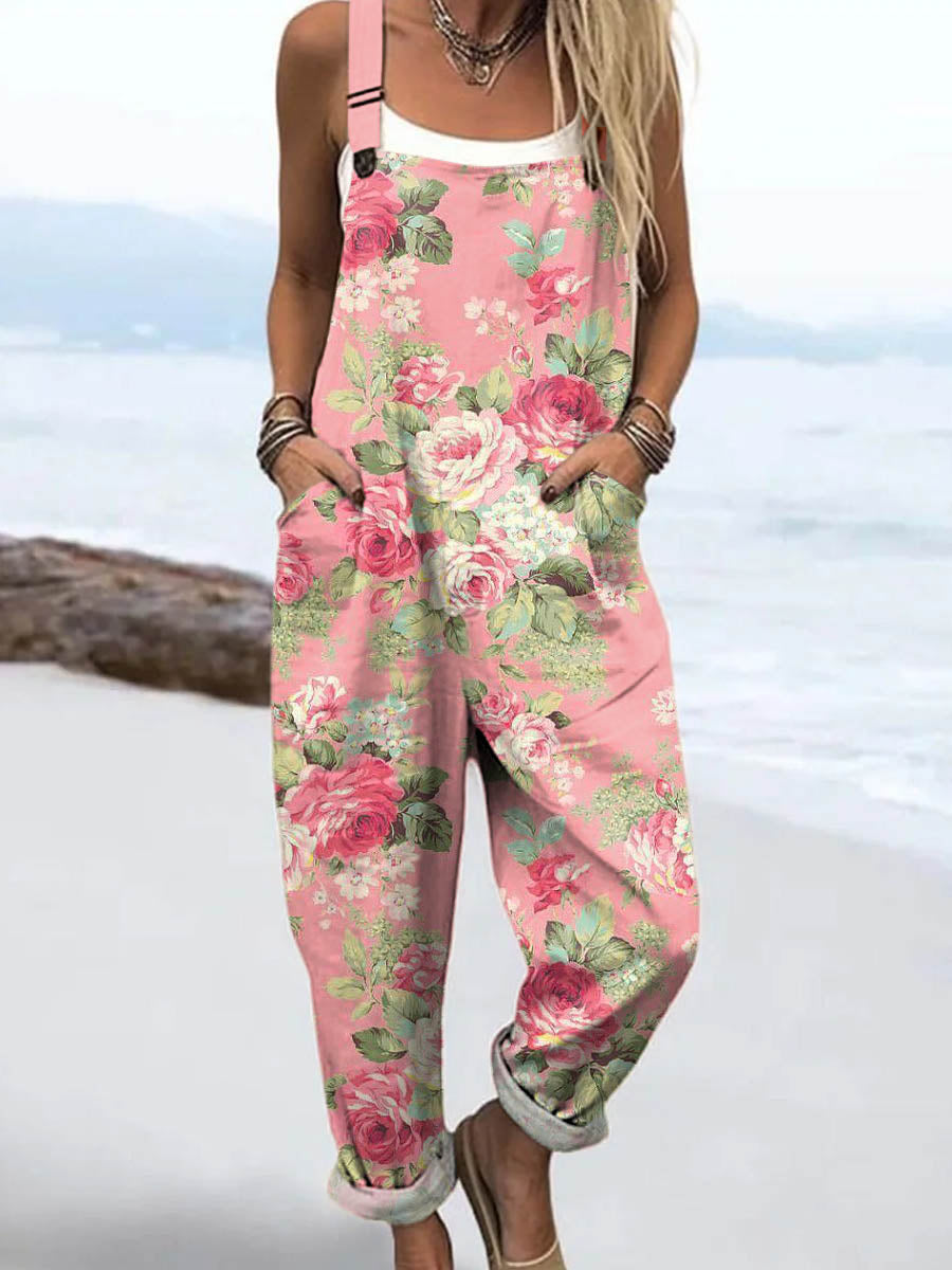 Women's Vintage Floral Art Print Casual 100% Cotton Wide Leg Jumpsuit