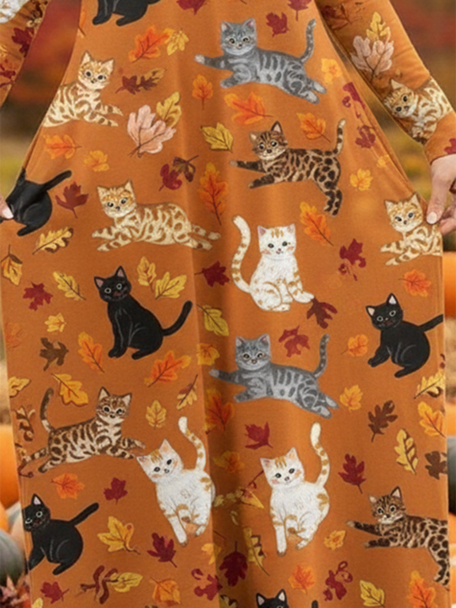Cute Cat Chasing Leaves Print Knitted Dress