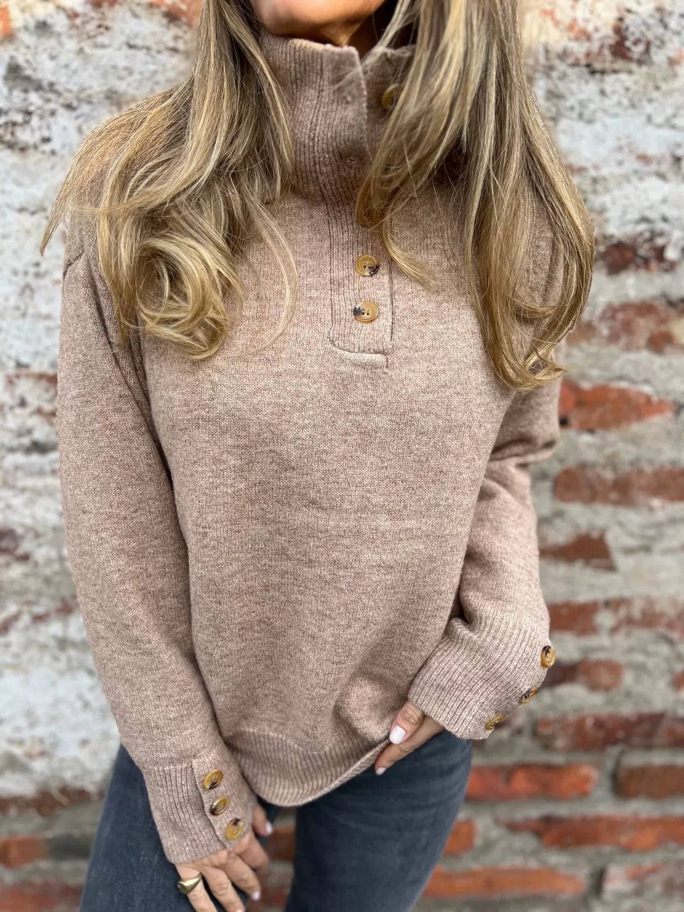 womens-stand-collar-solid-color-button-casual-loose-sweater