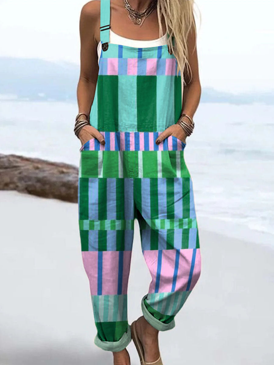 Women's Abstract Geometric Pattern Art Print Casual 100% Cotton Wide Leg Jumpsuit