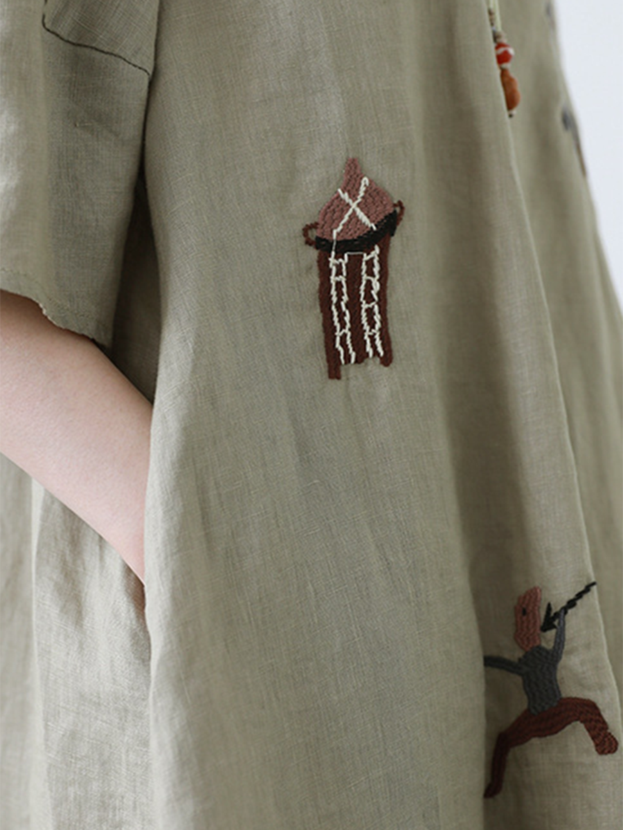 Women's Animal Embroidered Loose Linen Dress