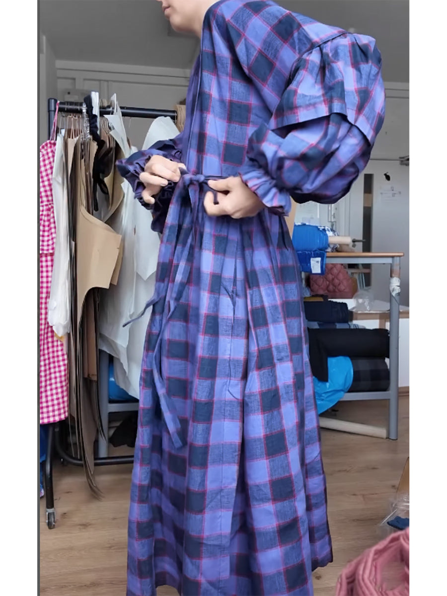 Women's Cotton And Linen Plaid Lantern Sleeve Dress