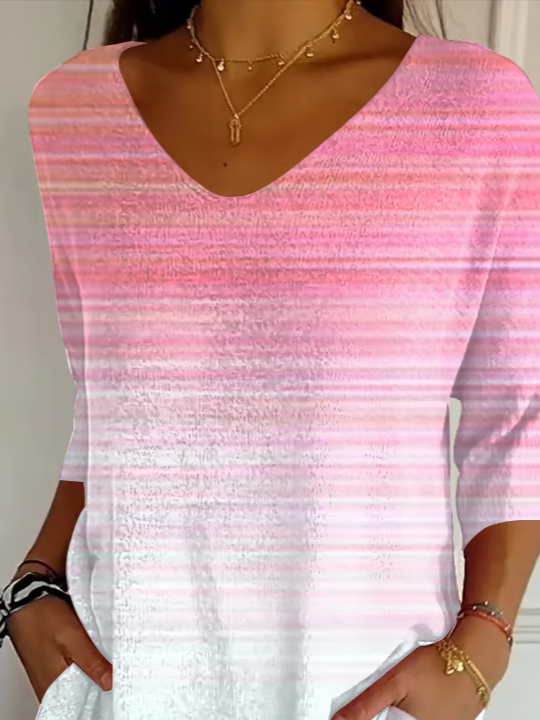 Casual Abstract Stripes V Neck Three Quarter Sleeve T-shirt