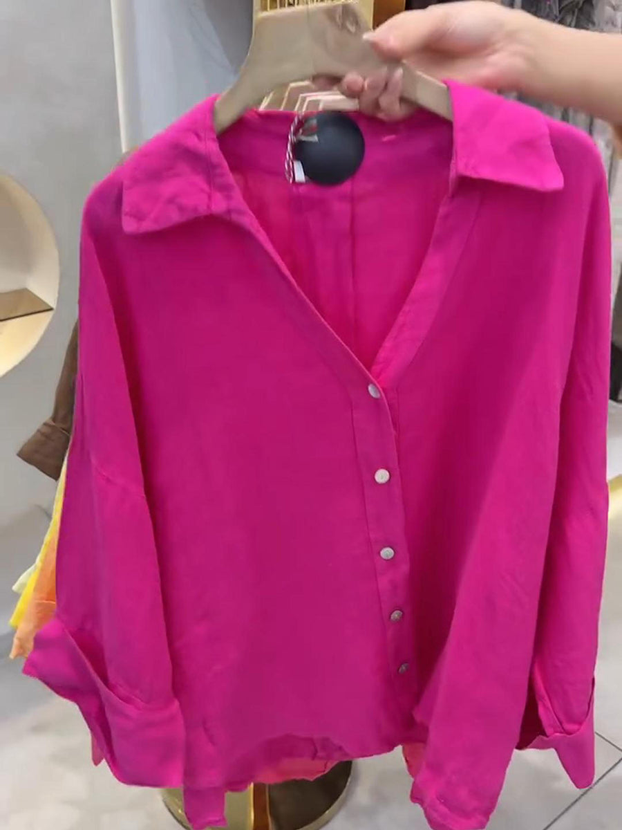 Women's Loose V-neck Batwing Sleeve Long-sleeved Linen Shirt
