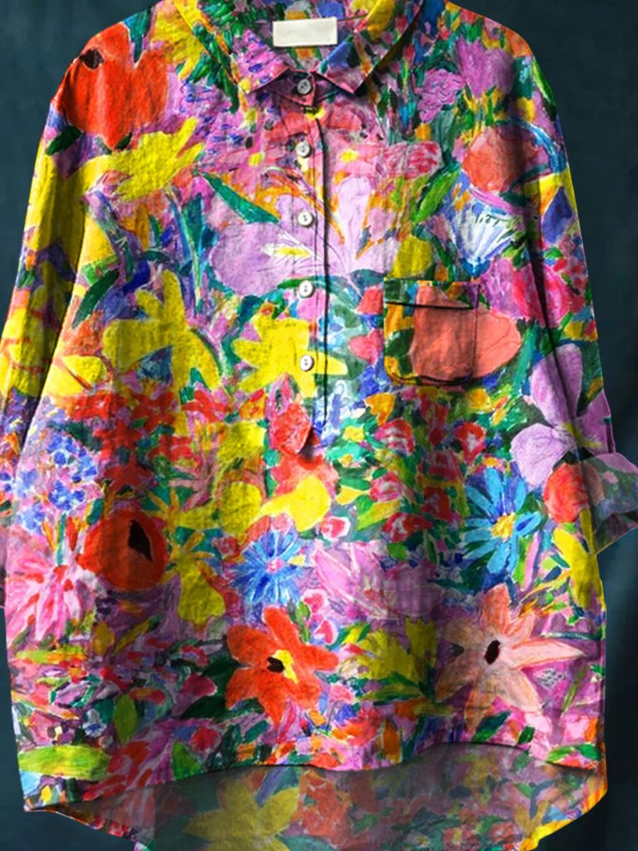 Women's Colorful Flower Art Print Casual Cotton And Linen Shirt