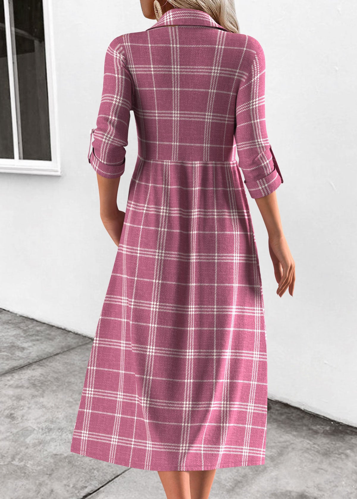 Pink Button Plaid Long Sleeve Shirt Collar Dress