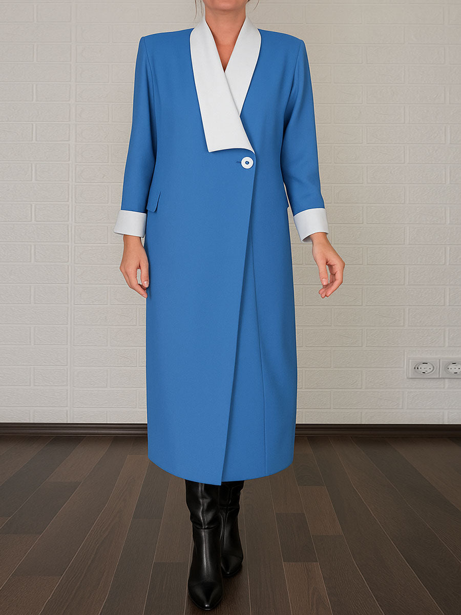 Women's Contrast Color V-Neck Long Sleeve Casual Loose Dress