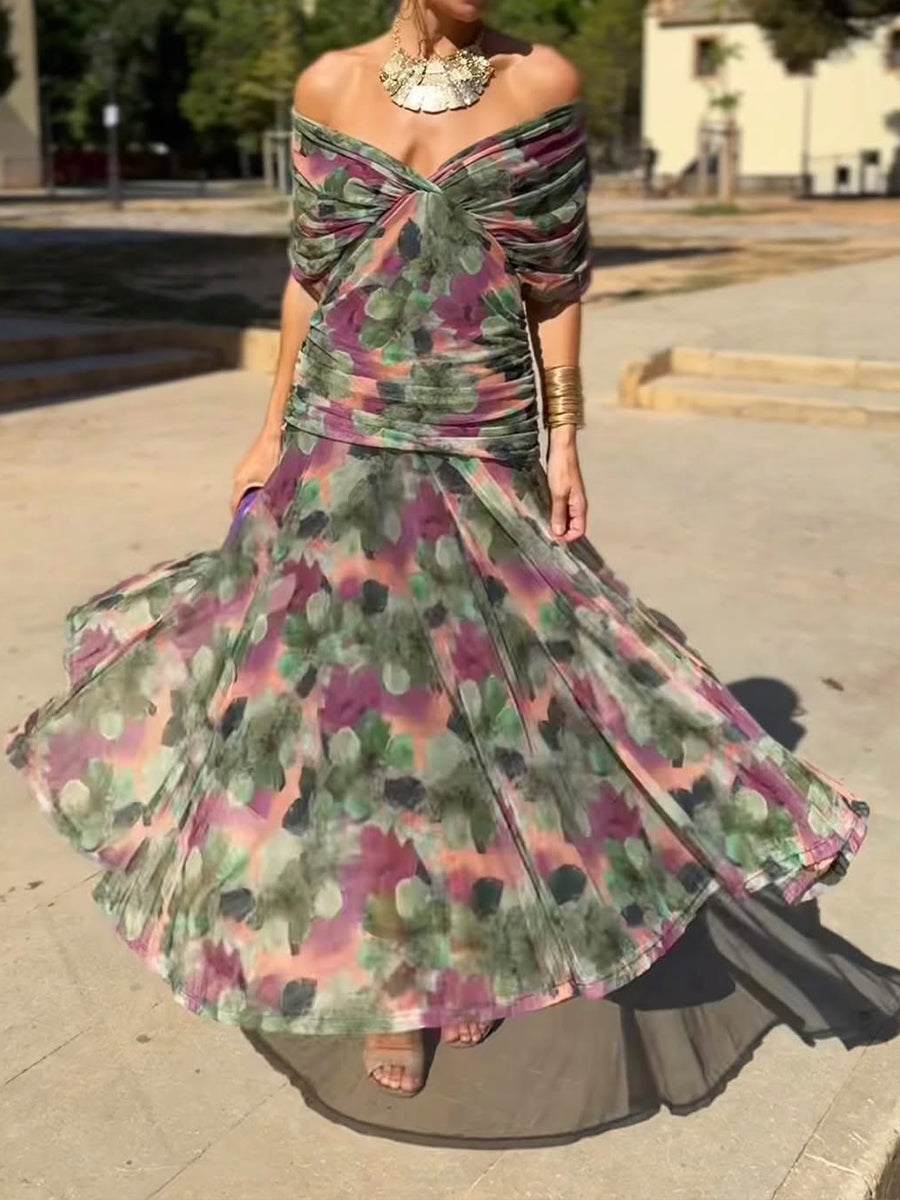 Women's Elegant Mesh Floral Printed Boutonniere Dress