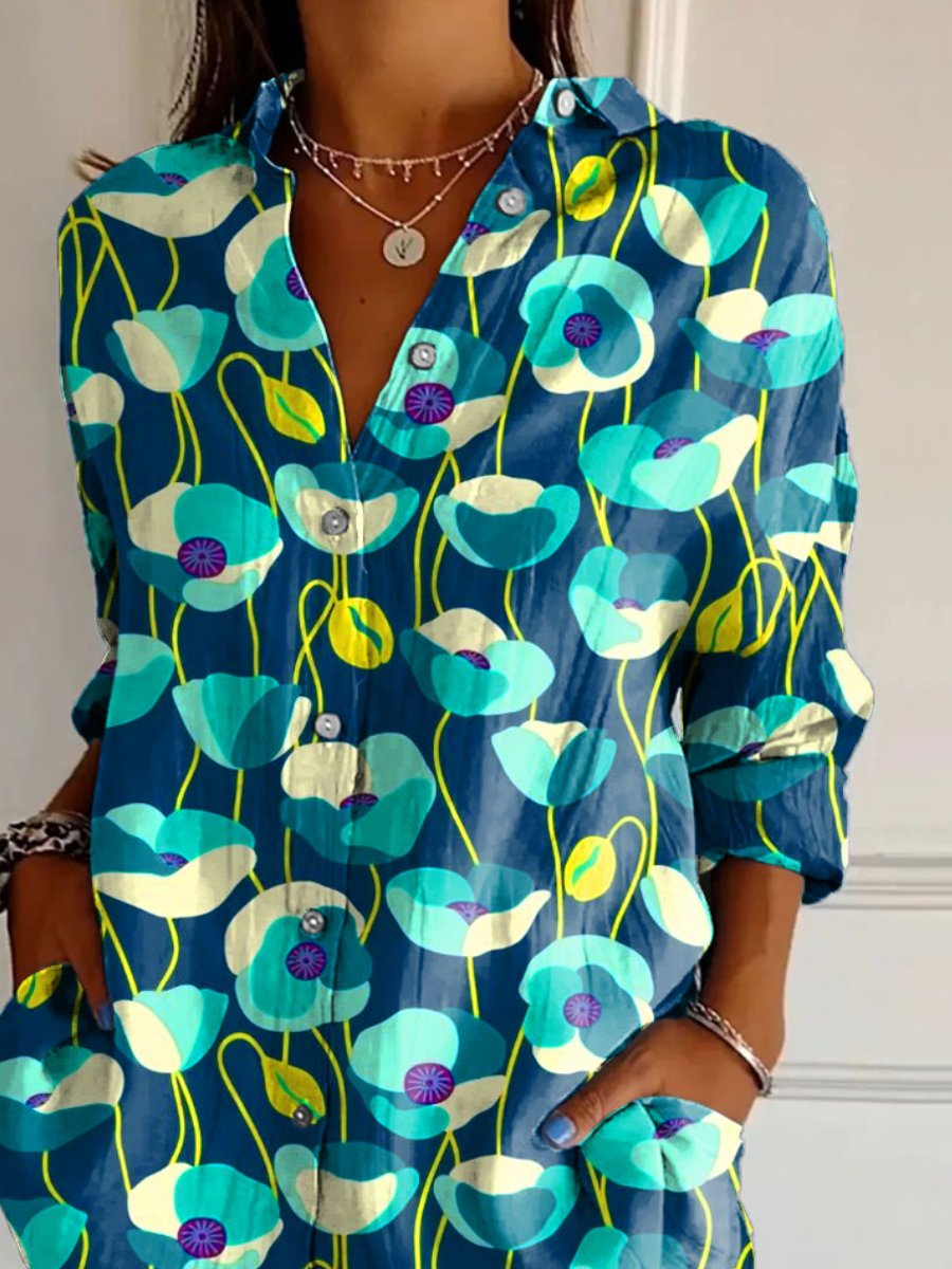 Women's Floral Art Print Casual Cotton Shirt