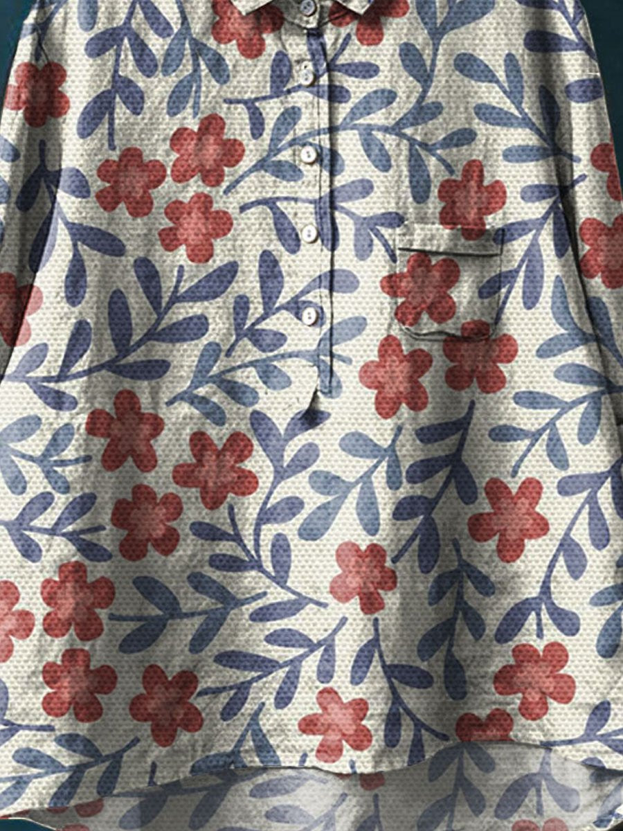 Women's Vintage Floral Art Print Casual Cotton And Linen Shirt
