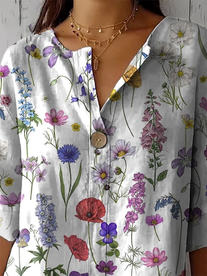 Women's Spring Botanical Garden Pattern Printed Women's Casual Cotton Linen Shirt