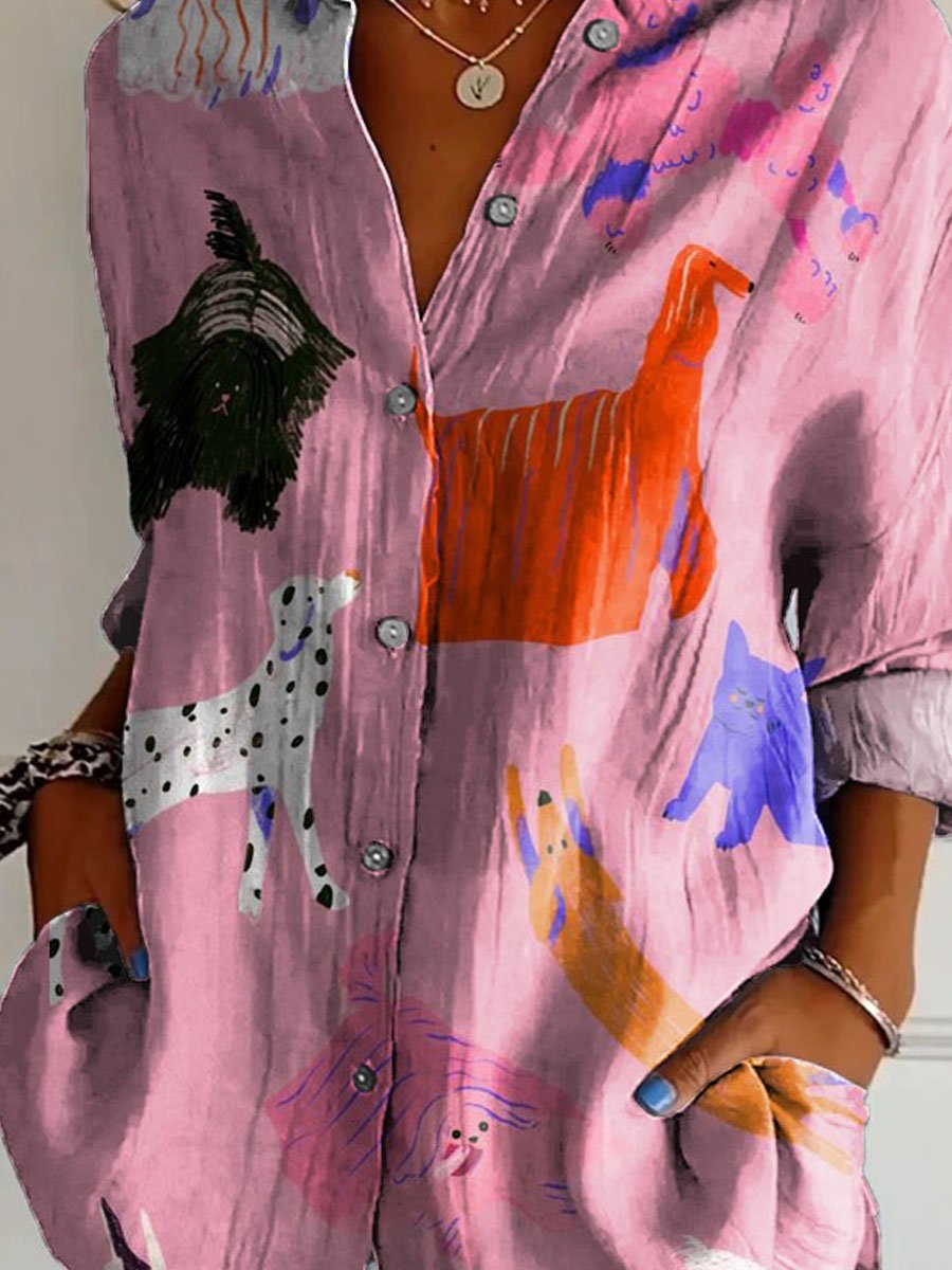 Women's Vintage Lovely Dogs Art Print Casual Cotton Shirt