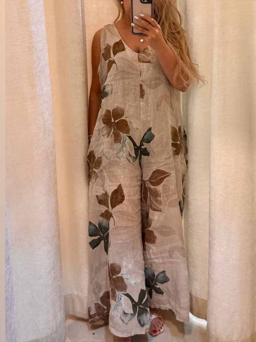 Women's  Solid Color V-Neck Sleeveless Retro Print Casual Cotton and Linen Wide Leg Jumpsuit