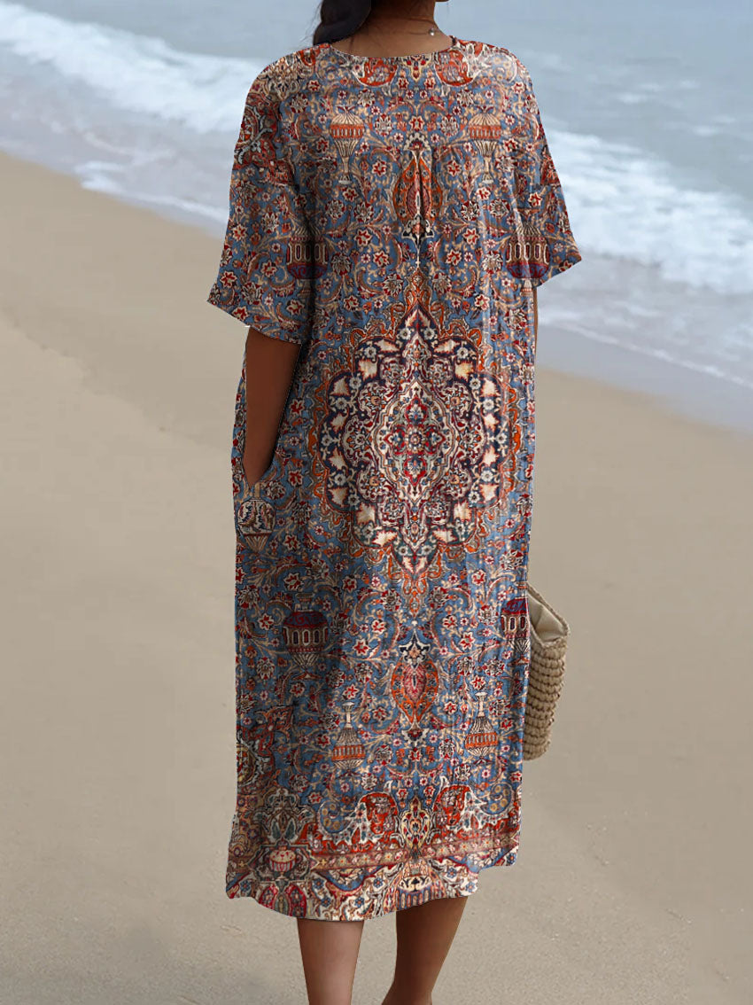 Women's Vintage Ethnic Floral Art Print Flowy Cotton Dress