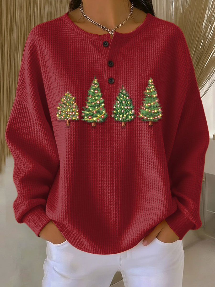 Women's Vintage Christmas Tree Art Print Casual Cotton Sweatshirt