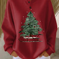 Women's Vintage Christmas Tree Art Print Casual Waffle Henry Collar Sweatshirt