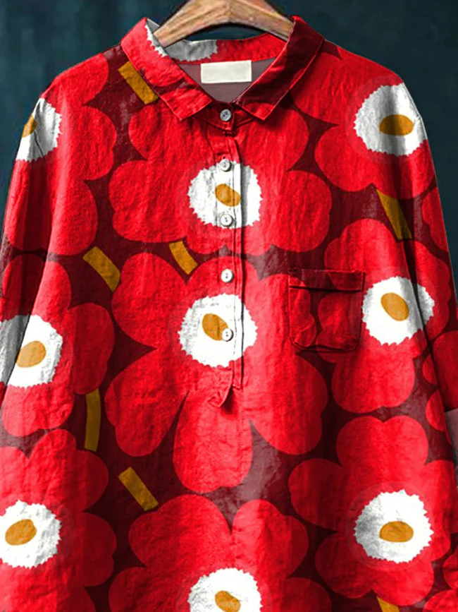Red Poppy Floral Pattern Printed Women's Casual Cotton And Linen Shirt