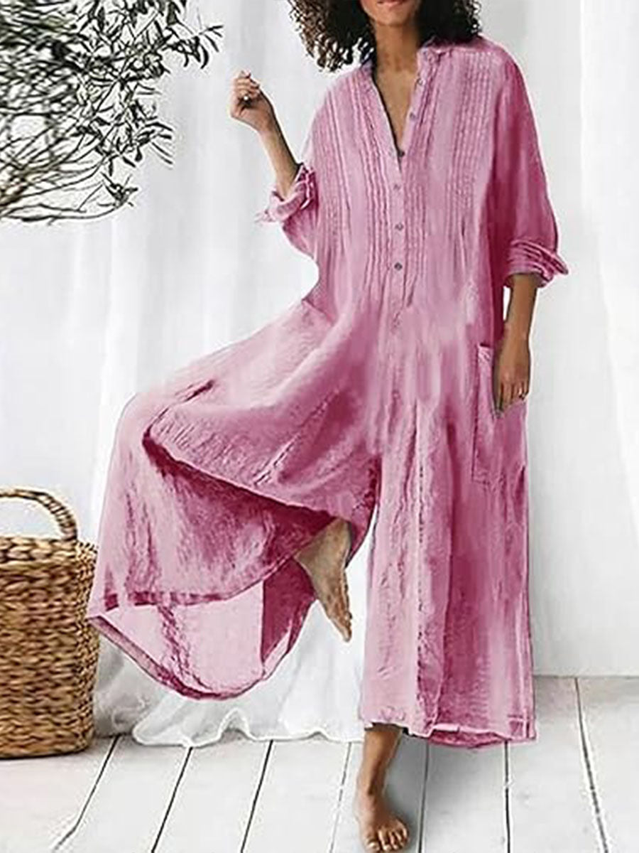 Women's Solid Lapel Long Sleeve Casual Linen Wide Leg Jumpsuit