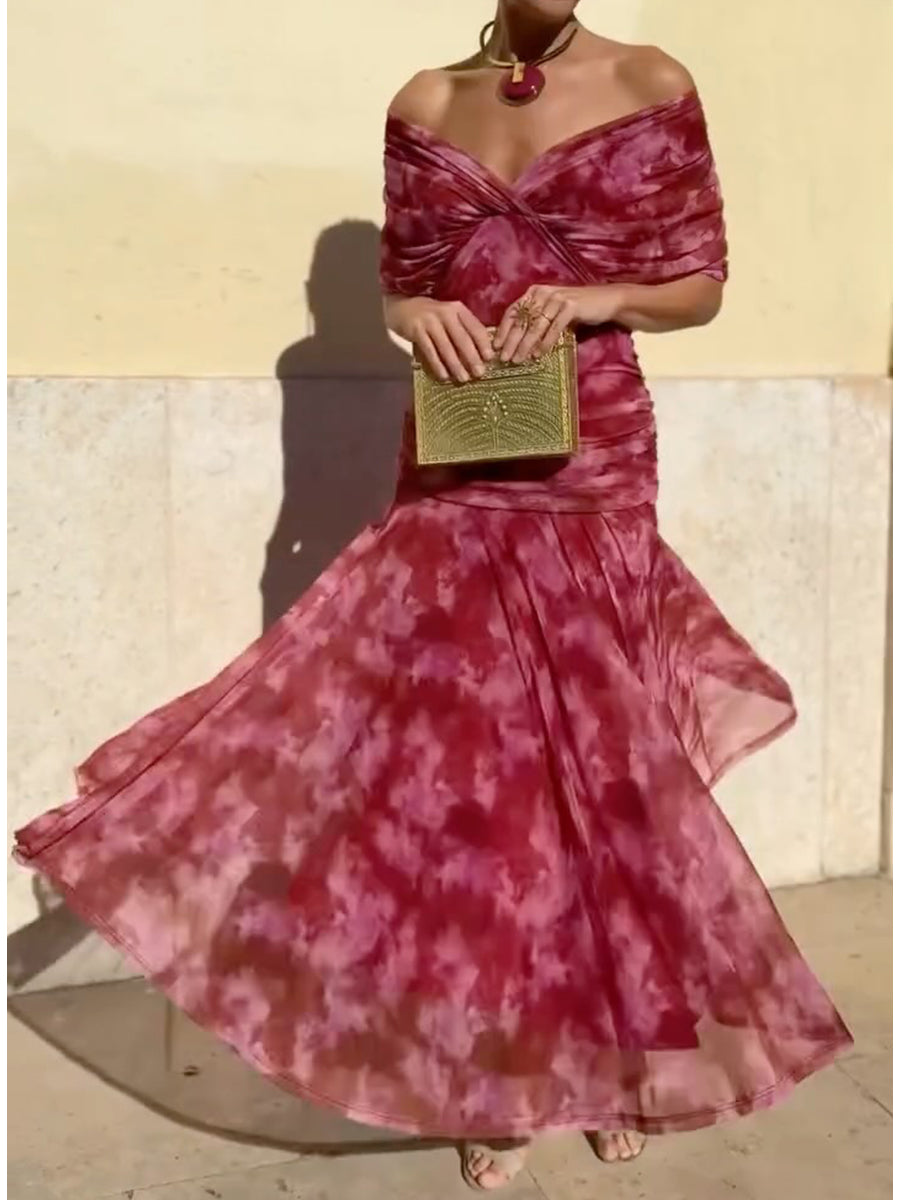 Women's Floral Print Elegant Stretch-mesh Maxi Dress