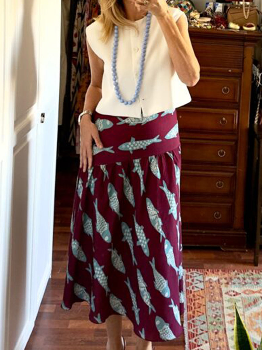Ocean Fish Print Pleated Skirt