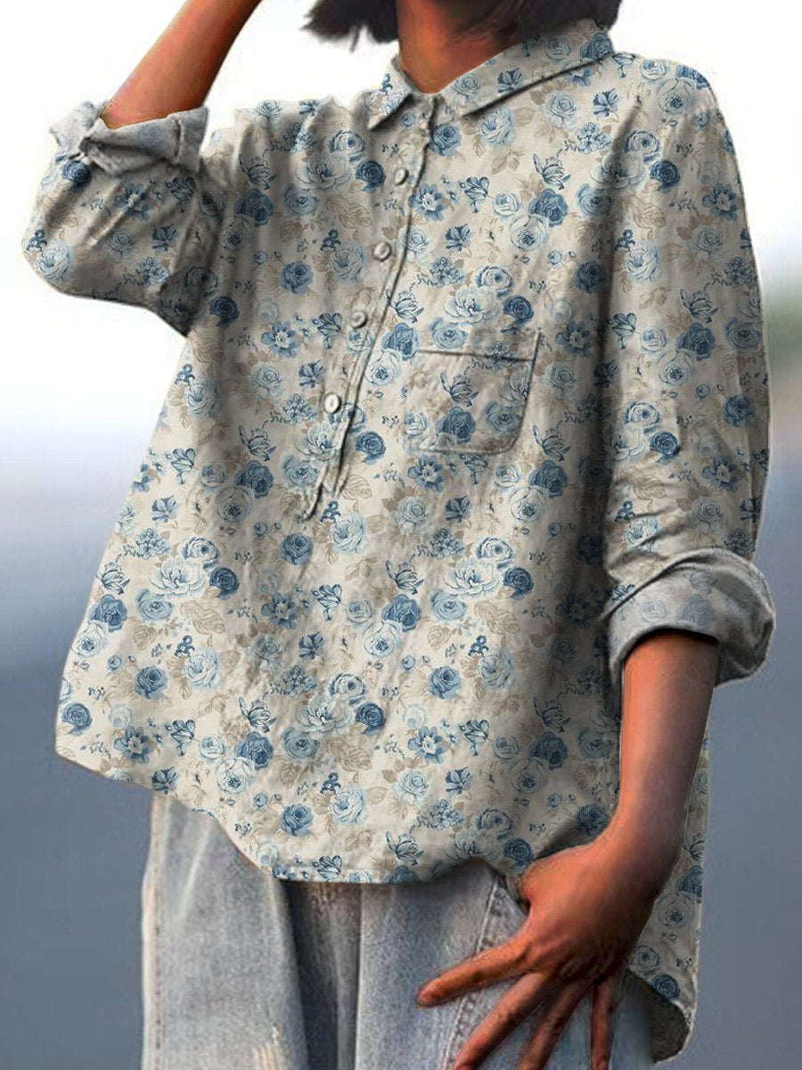Vintage Blue Rose Repeat Pattern Printed Women's Casual Cotton And Linen Shirt