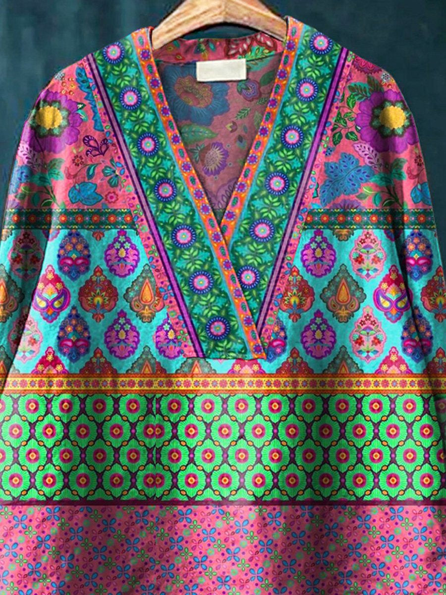 Ethnical Style Summer Floral Pattern Printed Women's Casual Cotton And Linen V-neck Shirt