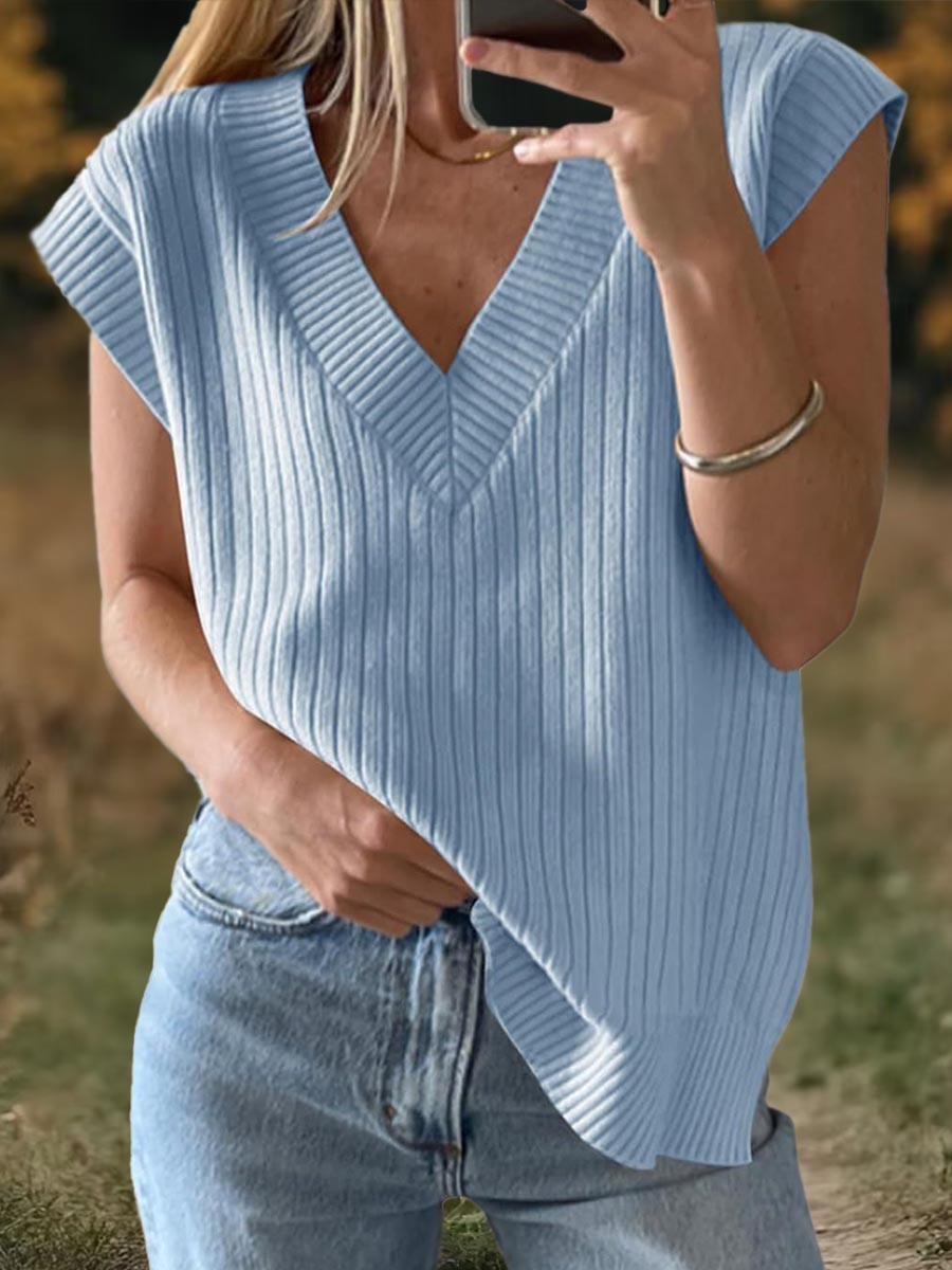 womens-solid-color-v-neck-short-sleeve-casual-loose-sweater