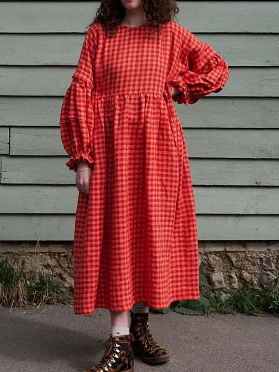 Women's Cotton And Linen Plaid Lantern Sleeve Dress