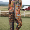 Women's Patchwork Floral Art Print Casual 100% Cotton Wide Leg Jumpsuit