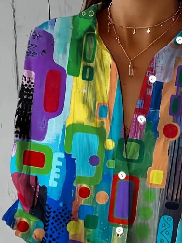 Bright Design Spots And Blocks Of Color Printed Cotton And Linen Shirt