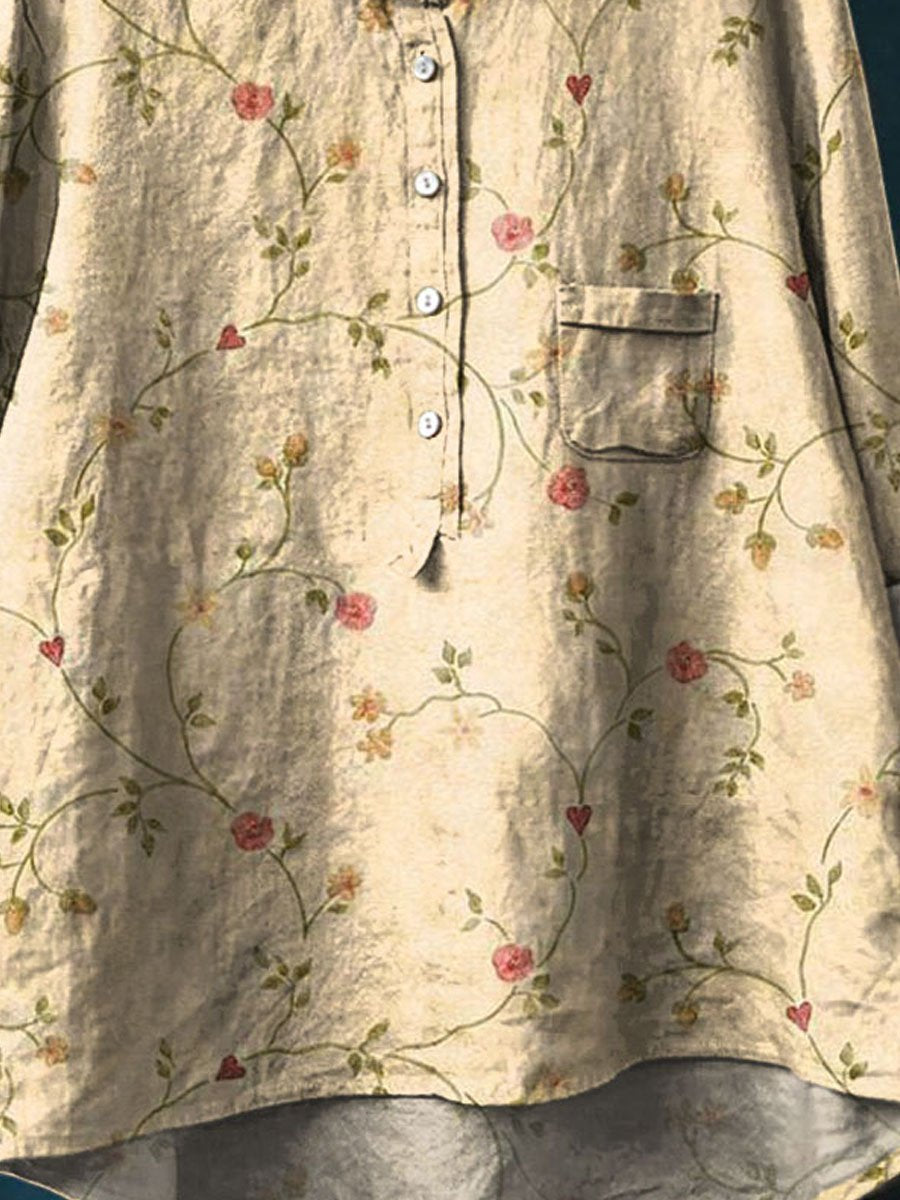Women's Vintage Floral Art Print Casual Cotton And Linen Shirt