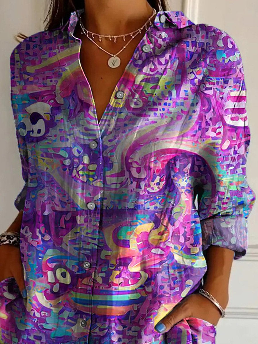 Abstract Random Pattern Printed Women's Casual Cotton Shirt