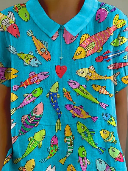Chemise décontractée pour femme en coton et lin imprimée d'un motif amusant de banc de poissons