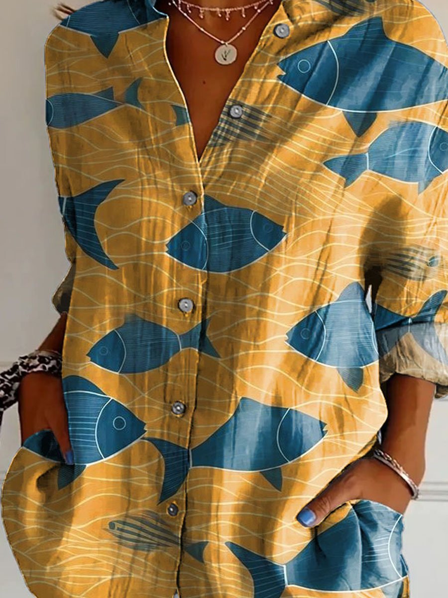 Women's Vintage Lovely Fish Art Print Casual Cotton Shirt