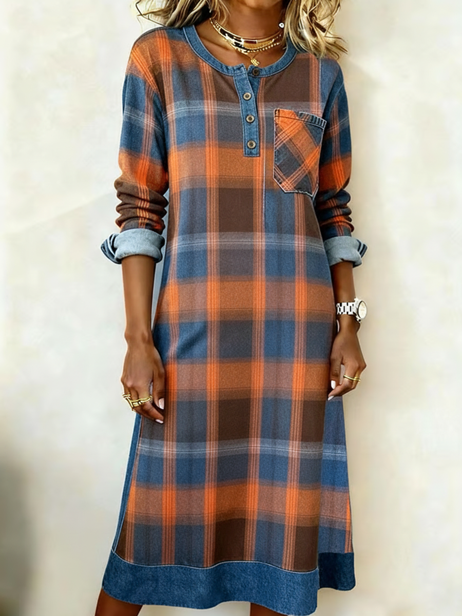 Denim Patchwork Plaid Print Henley Collar Midi Dress
