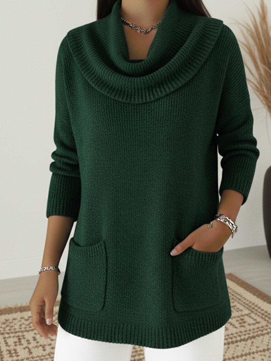 Cozy Loose Cowl Neck Knit Pocket Sweater Top