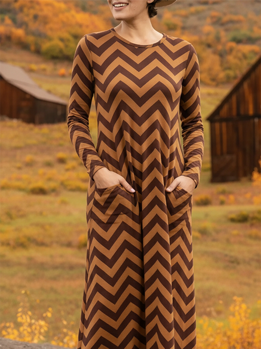 Women's Soft Herringbone Print Pocket Stretch Dress Brown