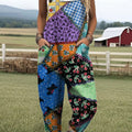 Women's Patchwork Floral Art Print Casual 100% Cotton Wide Leg Jumpsuit