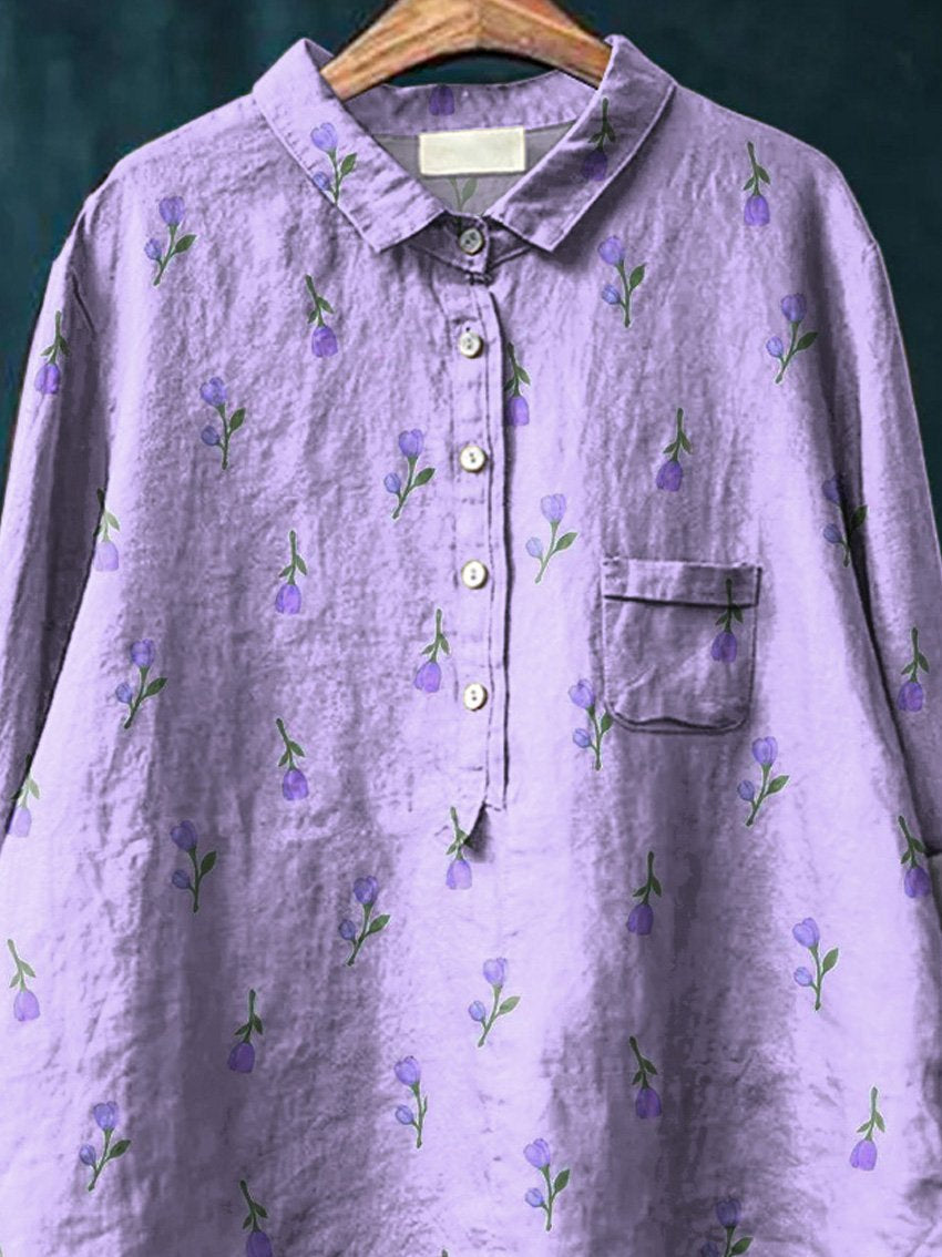 Petite Lilac Tulip Floral Pattern Printed Women's Casual Cotton And Linen Shirt