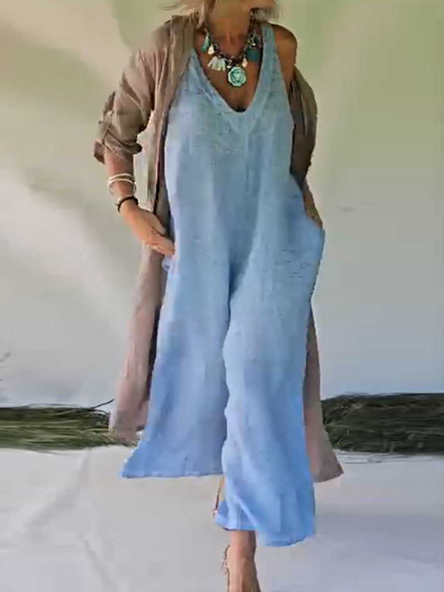 Women's Solid Color V-Neck Sleeveless Casual Cotton and Linen Wide Leg Jumpsuit