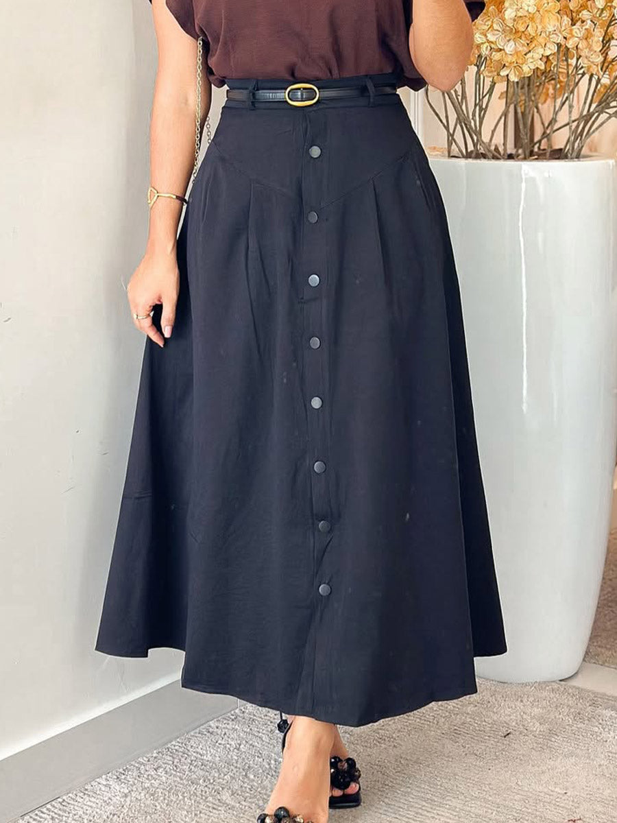 Women's Solid Color High Waist Button Casual Cotton and Linen A-Line Skirt