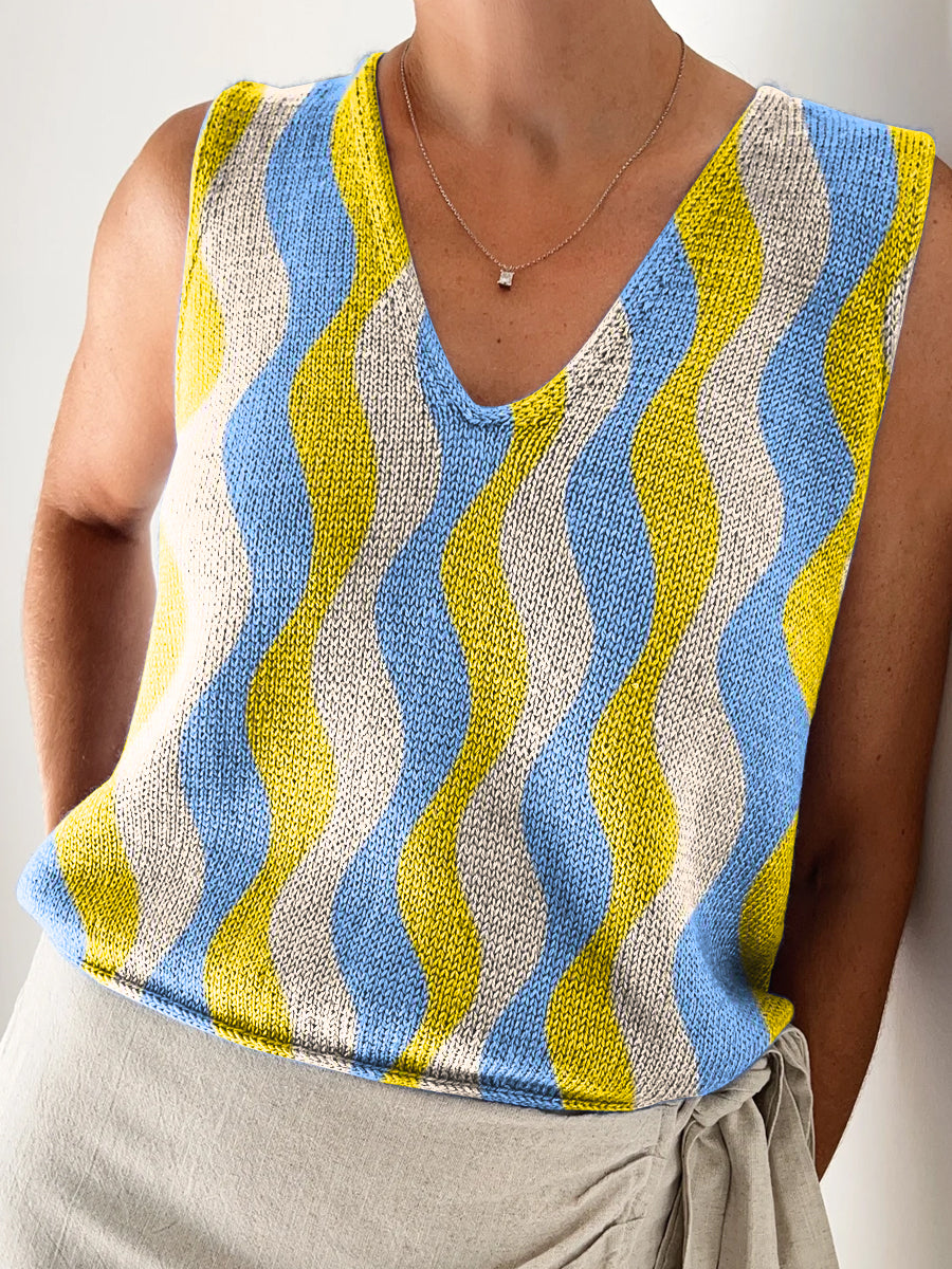 Women's Beautiful Colorful Stripes Painting Art Prints Casual V Neck Top Knitting