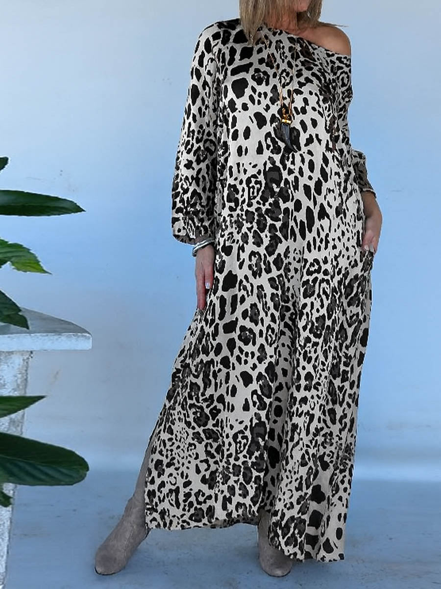 Women's Leopard Print Round Neck Long Sleeve Casual Cotton Dress