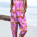 Women's Bright Color Block Abstract Art Print Casual 100% Cotton Wide Leg Jumpsuit